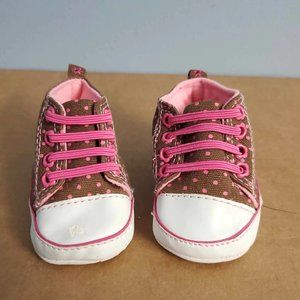 4/$10  Baby Girl Shoe HIgh Tops Sneakers Brown Pink Polka Dots Newborn (NB)